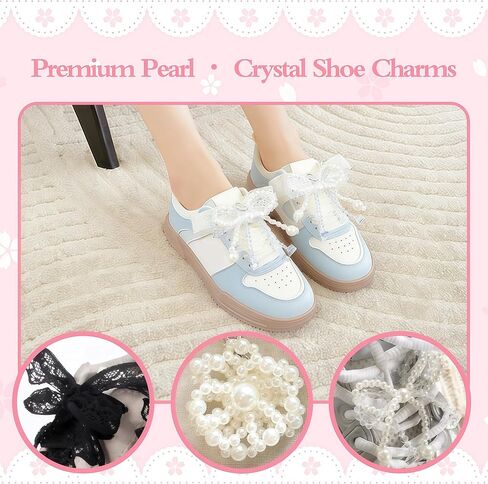 AZY Lace Shoelaces with Shoe Charms for Sneakers, 4 Pairs Decorative Laces with Pearl & Bow Sneaker Charms, Cute Shoe Lace Charms Set for DIY Shoe Accessories & Gifts in Saudi Arabia