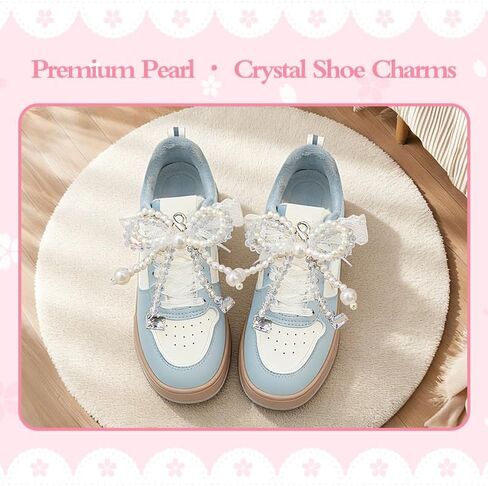 AZY Lace Shoelaces with Shoe Charms for Sneakers, 4 Pairs Decorative Laces with Pearl & Bow Sneaker Charms, Cute Shoe Lace Charms Set for DIY Shoe Accessories & Gifts in Saudi Arabia