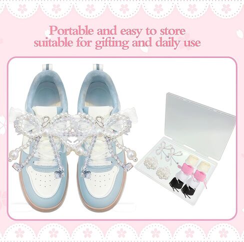 AZY Lace Shoelaces with Shoe Charms for Sneakers, 4 Pairs Decorative Laces with Pearl & Bow Sneaker Charms, Cute Shoe Lace Charms Set for DIY Shoe Accessories & Gifts in Saudi Arabia
