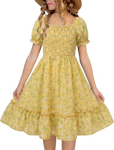 Girls Summer Floral Smocked Dress Square Neck Puff Sleeve Ruffle School Party Teen Sundress 6-14 Years in Saudi Arabia