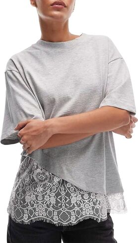 Women's Lace Patchwork Top Summer Daily Relaxed Fit Drop Shoulder Short Sleeve Blouse Casual Weekend T-Shirt(LightGrey-L) in Saudi Arabia