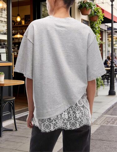 Women's Lace Patchwork Top Summer Daily Relaxed Fit Drop Shoulder Short Sleeve Blouse Casual Weekend T-Shirt(LightGrey-L) in Saudi Arabia