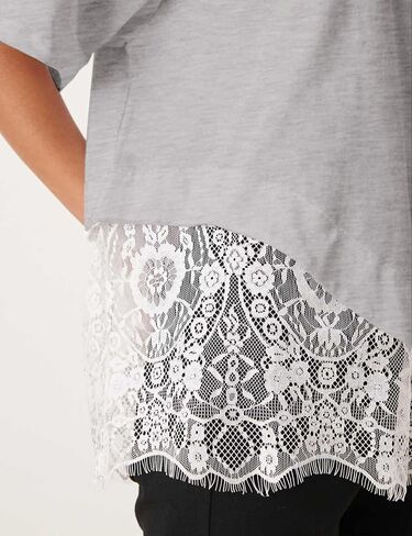 Women's Lace Patchwork Top Summer Daily Relaxed Fit Drop Shoulder Short Sleeve Blouse Casual Weekend T-Shirt(LightGrey-L) in Saudi Arabia
