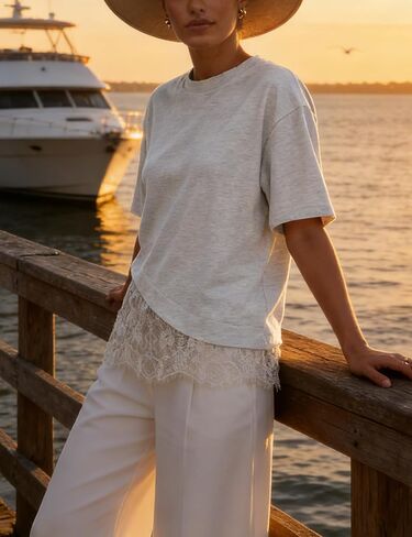 Women's Lace Patchwork Top Summer Daily Relaxed Fit Drop Shoulder Short Sleeve Blouse Casual Weekend T-Shirt(LightGrey-L) in Saudi Arabia