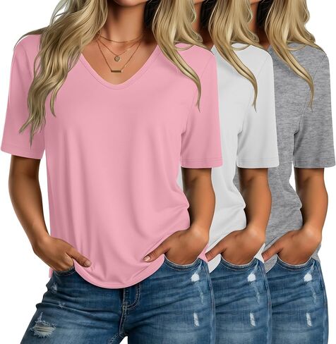 Huukeay 3 Pack Women's Half Sleeve T Shirts V Neck Elbow Length Summer Casual Loose Fit Tops Basic Curved Hem Solid Tees in Kuwait
