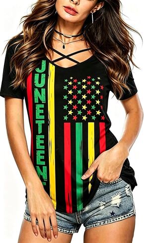 Roshop 4th of July Juneteenth Shirt Women Criss Cross V-Neck Casual African Flag Star Stripes Patriotic Holiday Shirts in Saudi Arabia