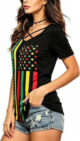 Roshop 4th of July Juneteenth Shirt Women Criss Cross V-Neck Casual African Flag Star Stripes Patriotic Holiday Shirts in Saudi Arabia