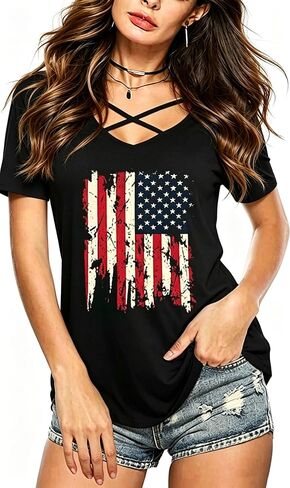 Roshop 4th of July Juneteenth Shirt Women Criss Cross V-Neck Casual African Flag Star Stripes Patriotic Holiday Shirts in Saudi Arabia