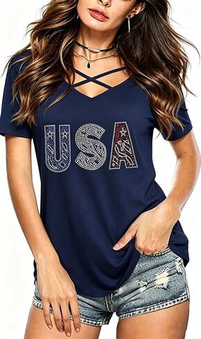 Roshop 4th of July Juneteenth Shirt Women Criss Cross V-Neck Casual African Flag Star Stripes Patriotic Holiday Shirts in Saudi Arabia
