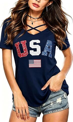 Roshop 4th of July Juneteenth Shirt Women Criss Cross V-Neck Casual African Flag Star Stripes Patriotic Holiday Shirts in Saudi Arabia