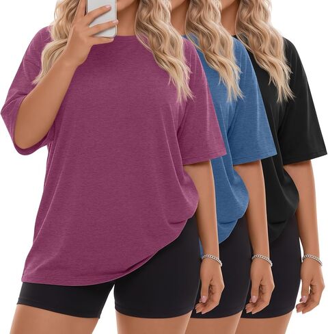 Neer 3 حزمة النساء حجم كبير تي شيرت المتضخم القطن قصير الأكمام Crewneck القمم فضفاض الصيف فضفاضة تناسب خفيفة الوزن الأساسية المحملة in Kuwait