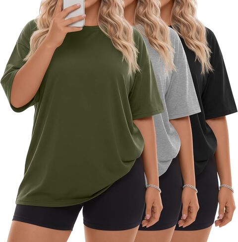 Neer 3 حزمة النساء حجم كبير تي شيرت المتضخم القطن قصير الأكمام Crewneck القمم فضفاض الصيف فضفاضة تناسب خفيفة الوزن الأساسية المحملة in Kuwait