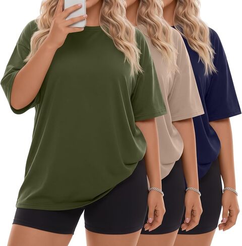 Neer 3 حزمة النساء حجم كبير تي شيرت المتضخم القطن قصير الأكمام Crewneck القمم فضفاض الصيف فضفاضة تناسب خفيفة الوزن الأساسية المحملة in Kuwait