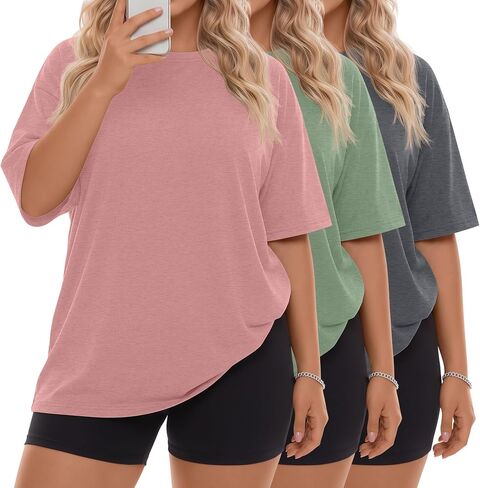Neer 3 حزمة النساء حجم كبير تي شيرت المتضخم القطن قصير الأكمام Crewneck القمم فضفاض الصيف فضفاضة تناسب خفيفة الوزن الأساسية المحملة in Kuwait