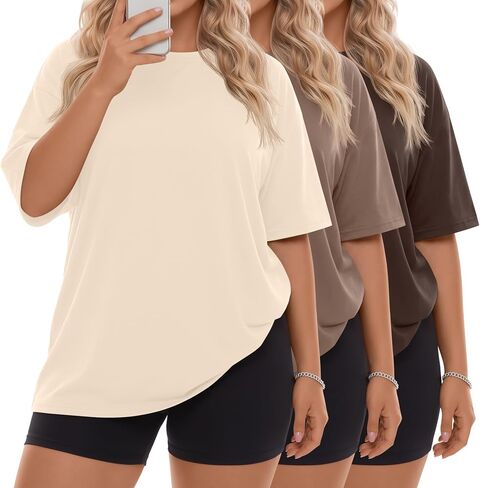 Neer 3 حزمة النساء حجم كبير تي شيرت المتضخم القطن قصير الأكمام Crewneck القمم فضفاض الصيف فضفاضة تناسب خفيفة الوزن الأساسية المحملة in Kuwait