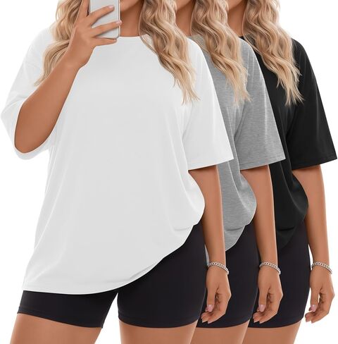 Neer 3 حزمة النساء حجم كبير تي شيرت المتضخم القطن قصير الأكمام Crewneck القمم فضفاض الصيف فضفاضة تناسب خفيفة الوزن الأساسية المحملة in Kuwait