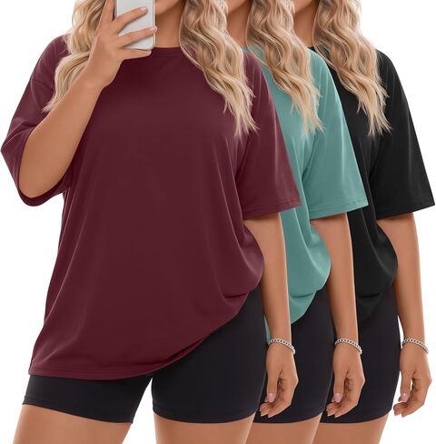 Neer 3 حزمة النساء حجم كبير تي شيرت المتضخم القطن قصير الأكمام Crewneck القمم فضفاض الصيف فضفاضة تناسب خفيفة الوزن الأساسية المحملة in Kuwait