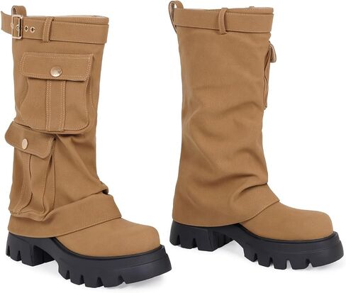HiColor women's metallic silver or khaki cargo style pockets round toe chunky sole buckle boots in Saudi Arabia