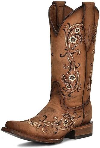 Circle G Sand Brown Square Toe Women's Leather Boots with Embroidery L2063 in Kuwait