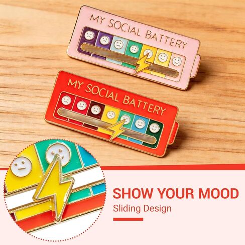 2-Pack Funny Social Battery Slider Enamel Pin - Cute 7-Day Mood Interactive Lapel Pin for Introverts, Backpacks & Bags - My Social Battery Creative Badge & Cool Pins, Great Social Worker Gifts（pink） in Saudi Arabia