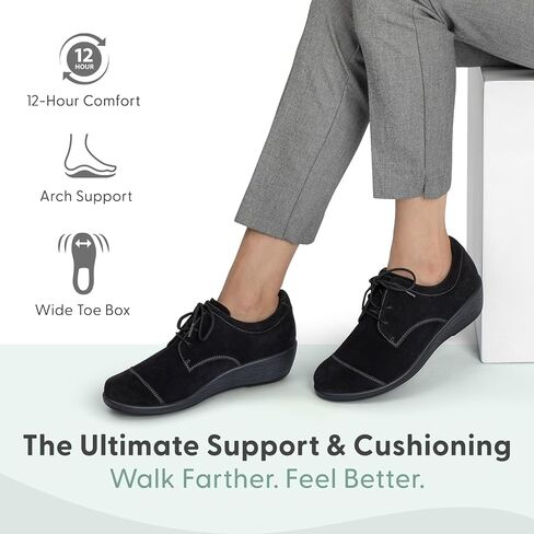 Orthofeet Eleanor Orthopedic Women's Wedge Heels | Water-Repellent Suede Slip-Resistant Oxford Shoes with Arch Support, Soft Cushioning, Wide Toe Box for Casual Outings, Office in Kuwait