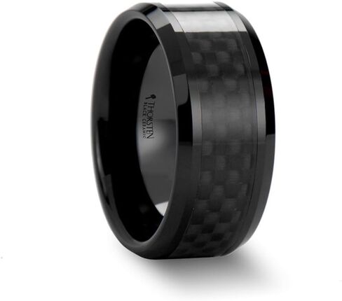 ONYX Black Ceramic Wedding Band Ring with High Tech Black Carbon Fiber Inlay Polished Edges 10mm Width in Kuwait