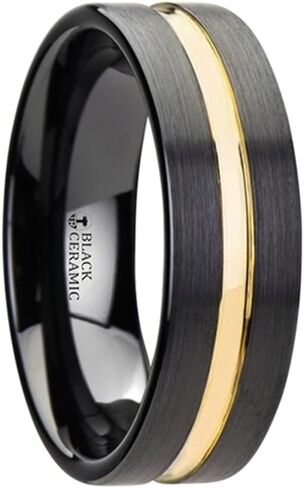 Mens Comfort Fit -Black Ceramic Wedding Band Rind - Yellow Gold Groove - 6mm 8mm Wide - Style name: VIVALDI in Kuwait
