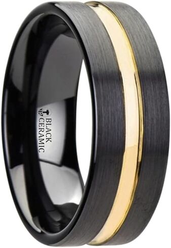 Mens Comfort Fit -Black Ceramic Wedding Band Rind - Yellow Gold Groove - 6mm 8mm Wide - Style name: VIVALDI in Kuwait