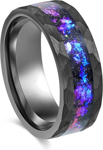 Men's Wedding Ring 8mm Black Hammered Tungsten Sandstone Galaxy Nebula Inlay – Comfort Fit Mens Wedding Band with Antique Wooden Ring Box in Saudi Arabia