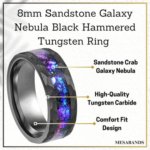 Men's Wedding Ring 8mm Black Hammered Tungsten Sandstone Galaxy Nebula Inlay – Comfort Fit Mens Wedding Band with Antique Wooden Ring Box in Saudi Arabia