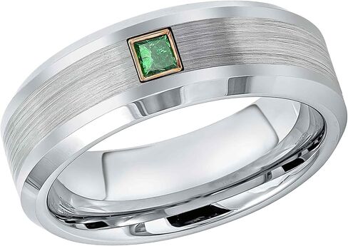 Mens Cobalt Wedding Band with 0.05ctw - 0.10ctw Princess Cut Emerald - Brushed Center Shiny Beveled Edge Comfort Fit Cobalt Anniversary Ring in Kuwait