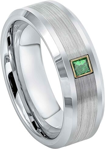 Mens Cobalt Wedding Band with 0.05ctw - 0.10ctw Princess Cut Emerald - Brushed Center Shiny Beveled Edge Comfort Fit Cobalt Anniversary Ring in Kuwait