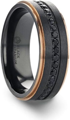ASTRO Flat Brushed Black Titanium Ring with Rose Gold Plated Edge and Black Sapphire Settings All Around - 8mm in Kuwait