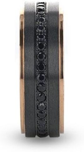 ASTRO Flat Brushed Black Titanium Ring with Rose Gold Plated Edge and Black Sapphire Settings All Around - 8mm in Kuwait