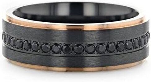 ASTRO Flat Brushed Black Titanium Ring with Rose Gold Plated Edge and Black Sapphire Settings All Around - 8mm in Kuwait