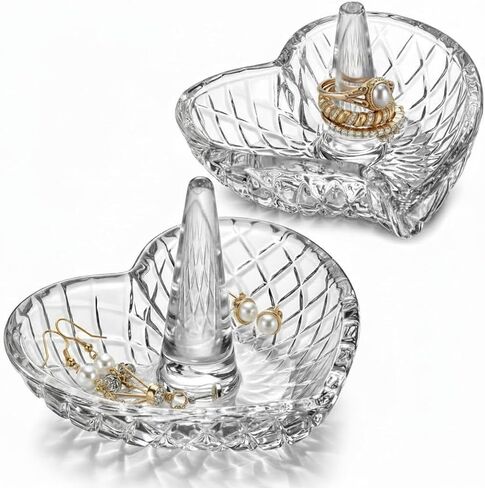 2 Pack Heart Shaped Ring Holder Dish for Women, Crystal Glass Jewelry Tray for Wedding, Engagement, Bathroom Sink, Nightstand, Gift for Mom Wife Girlfriend in Kuwait