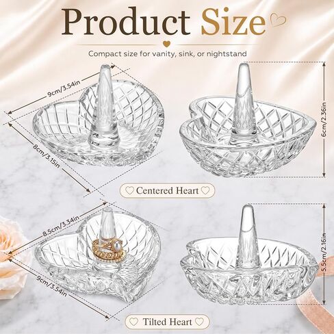 2 Pack Heart Shaped Ring Holder Dish for Women, Crystal Glass Jewelry Tray for Wedding, Engagement, Bathroom Sink, Nightstand, Gift for Mom Wife Girlfriend in Kuwait