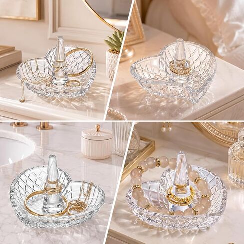 2 Pack Heart Shaped Ring Holder Dish for Women, Crystal Glass Jewelry Tray for Wedding, Engagement, Bathroom Sink, Nightstand, Gift for Mom Wife Girlfriend in Kuwait