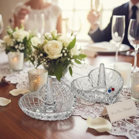 2 Pack Heart Shaped Ring Holder Dish for Women, Crystal Glass Jewelry Tray for Wedding, Engagement, Bathroom Sink, Nightstand, Gift for Mom Wife Girlfriend in Kuwait