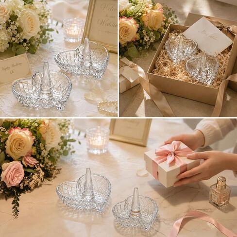 2 Pack Heart Shaped Ring Holder Dish for Women, Crystal Glass Jewelry Tray for Wedding, Engagement, Bathroom Sink, Nightstand, Gift for Mom Wife Girlfriend in Kuwait
