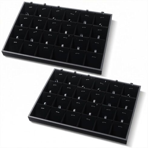 2-Pack 24 Grids Stackable Jewelry Tray Organizers with Removable Dividers – Velvet-Lined Display Trays for Earrings, Necklaces, Bracelets, Rings – Black in Saudi Arabia