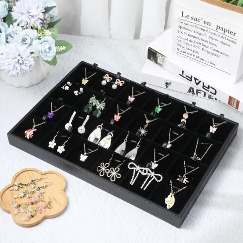 2-Pack 24 Grids Stackable Jewelry Tray Organizers with Removable Dividers – Velvet-Lined Display Trays for Earrings, Necklaces, Bracelets, Rings – Black in Saudi Arabia