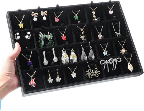 2-Pack 24 Grids Stackable Jewelry Tray Organizers with Removable Dividers – Velvet-Lined Display Trays for Earrings, Necklaces, Bracelets, Rings – Black in Saudi Arabia