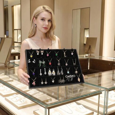 2-Pack 24 Grids Stackable Jewelry Tray Organizers with Removable Dividers – Velvet-Lined Display Trays for Earrings, Necklaces, Bracelets, Rings – Black in Saudi Arabia
