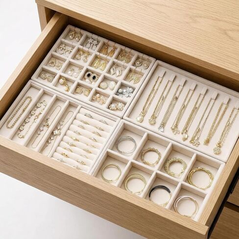 Velvet Jewelry Drawer Organizer Trays, 4-Layer Stackable Jewelry Storage Inserts Set, Beige Jewelry Tray Set for Earrings, Rings, Necklaces and Bracelets, Removable Dividers for Dresser Drawer in Kuwait