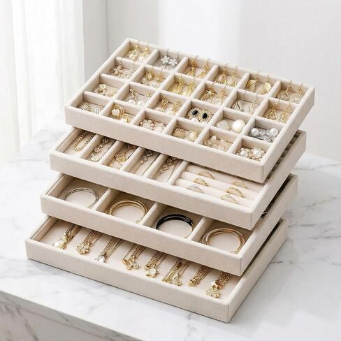 Velvet Jewelry Drawer Organizer Trays, 4-Layer Stackable Jewelry Storage Inserts Set, Beige Jewelry Tray Set for Earrings, Rings, Necklaces and Bracelets, Removable Dividers for Dresser Drawer in Kuwait