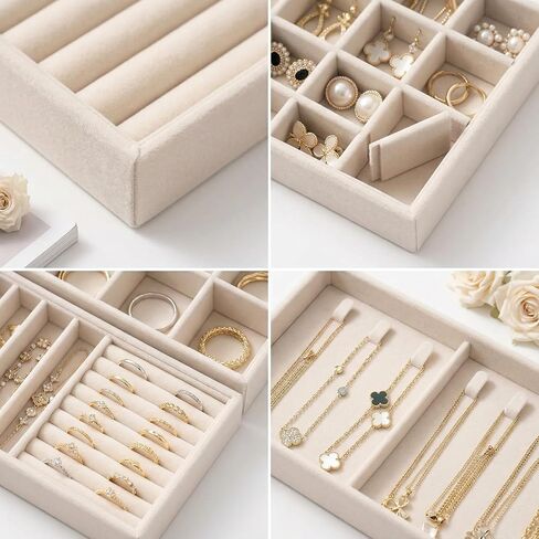Velvet Jewelry Drawer Organizer Trays, 4-Layer Stackable Jewelry Storage Inserts Set, Beige Jewelry Tray Set for Earrings, Rings, Necklaces and Bracelets, Removable Dividers for Dresser Drawer in Kuwait