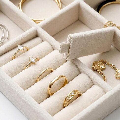 Velvet Jewelry Drawer Organizer Trays, 4-Layer Stackable Jewelry Storage Inserts Set, Beige Jewelry Tray Set for Earrings, Rings, Necklaces and Bracelets, Removable Dividers for Dresser Drawer in Kuwait