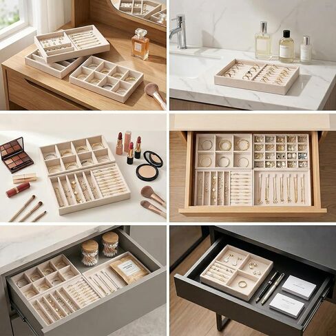 Velvet Jewelry Drawer Organizer Trays, 4-Layer Stackable Jewelry Storage Inserts Set, Beige Jewelry Tray Set for Earrings, Rings, Necklaces and Bracelets, Removable Dividers for Dresser Drawer in Kuwait