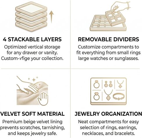 Velvet Jewelry Drawer Organizer Trays, 4-Layer Stackable Jewelry Storage Inserts Set, Beige Jewelry Tray Set for Earrings, Rings, Necklaces and Bracelets, Removable Dividers for Dresser Drawer in Kuwait